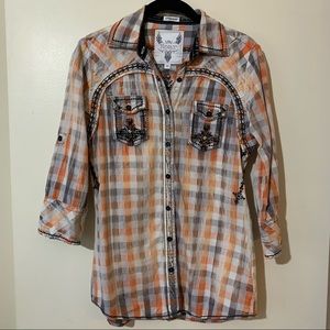 Passion for Roar Cowgirl Western Plaid Rhinestone & Embroidered Button Down